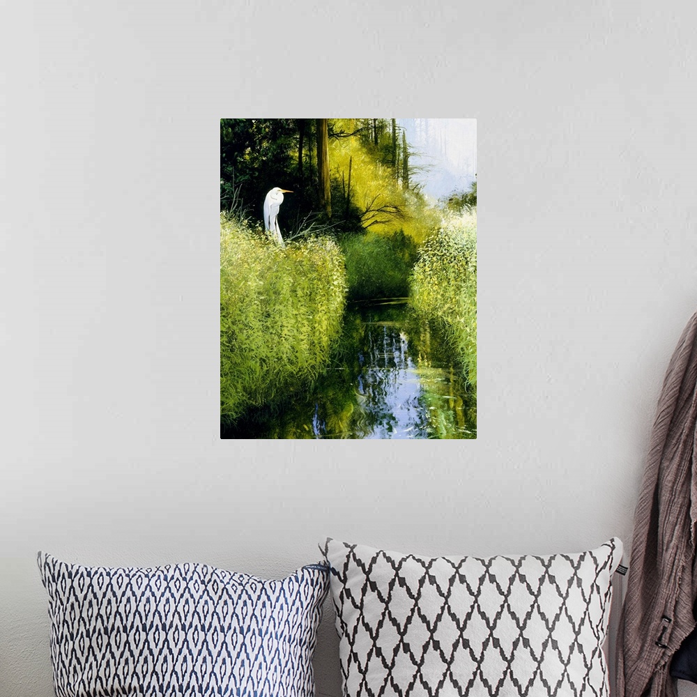 A bohemian room featuring Contemporary painting of an egret perched on a branch above a river flowing through a wetland.
