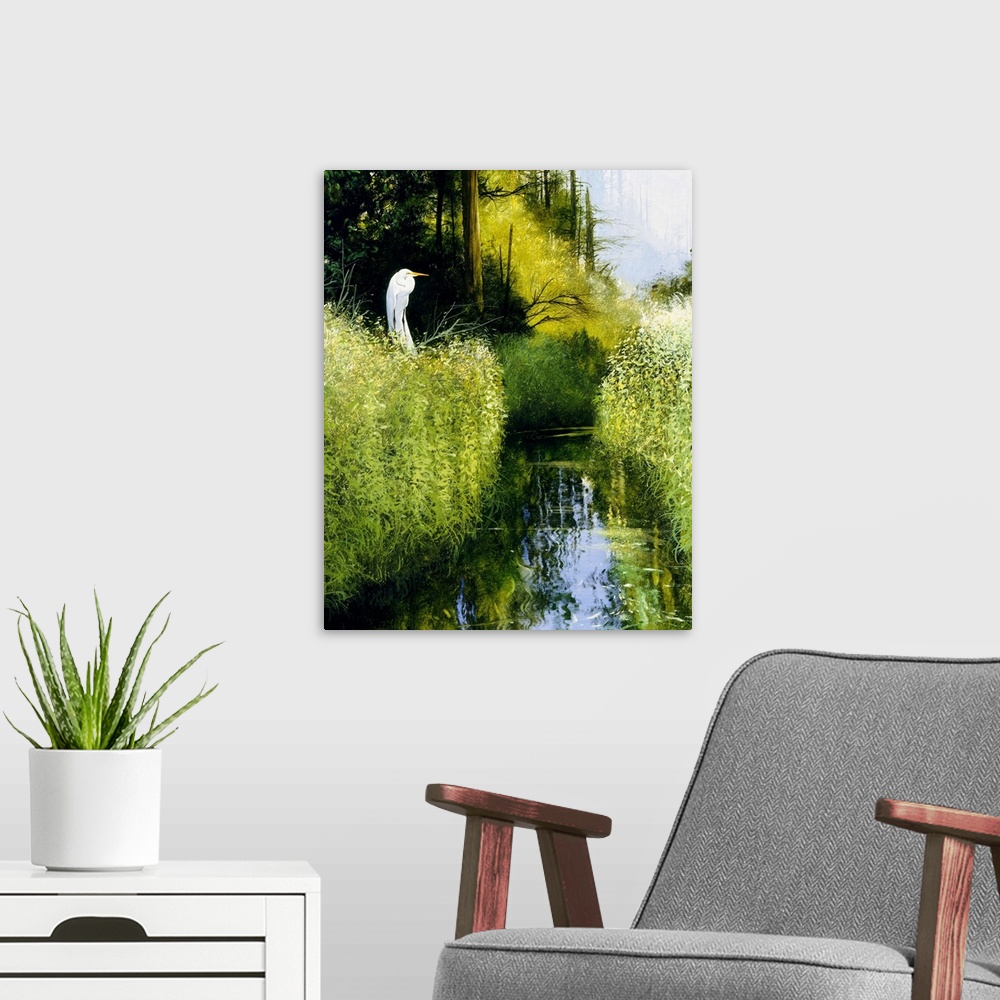 A modern room featuring Contemporary painting of an egret perched on a branch above a river flowing through a wetland.