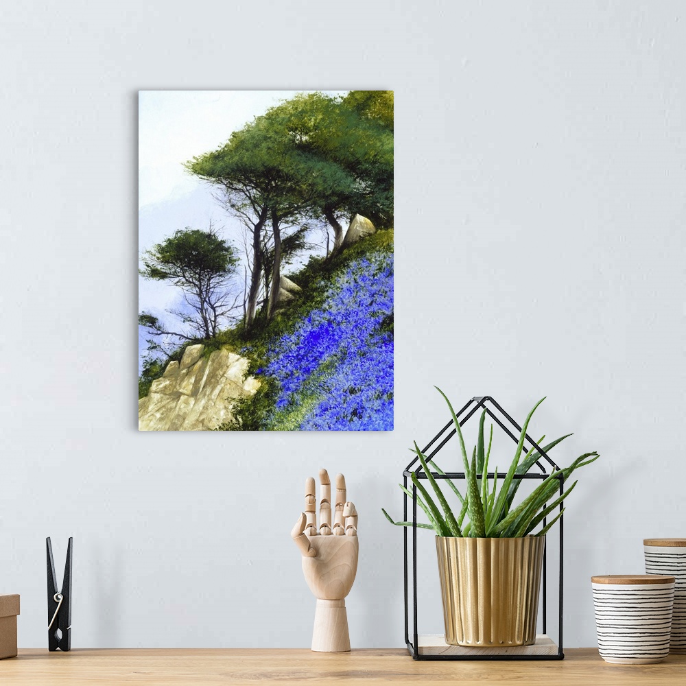 A bohemian room featuring Contemporary painting of a lush, steep, rocky, hill with blue wildflowers.