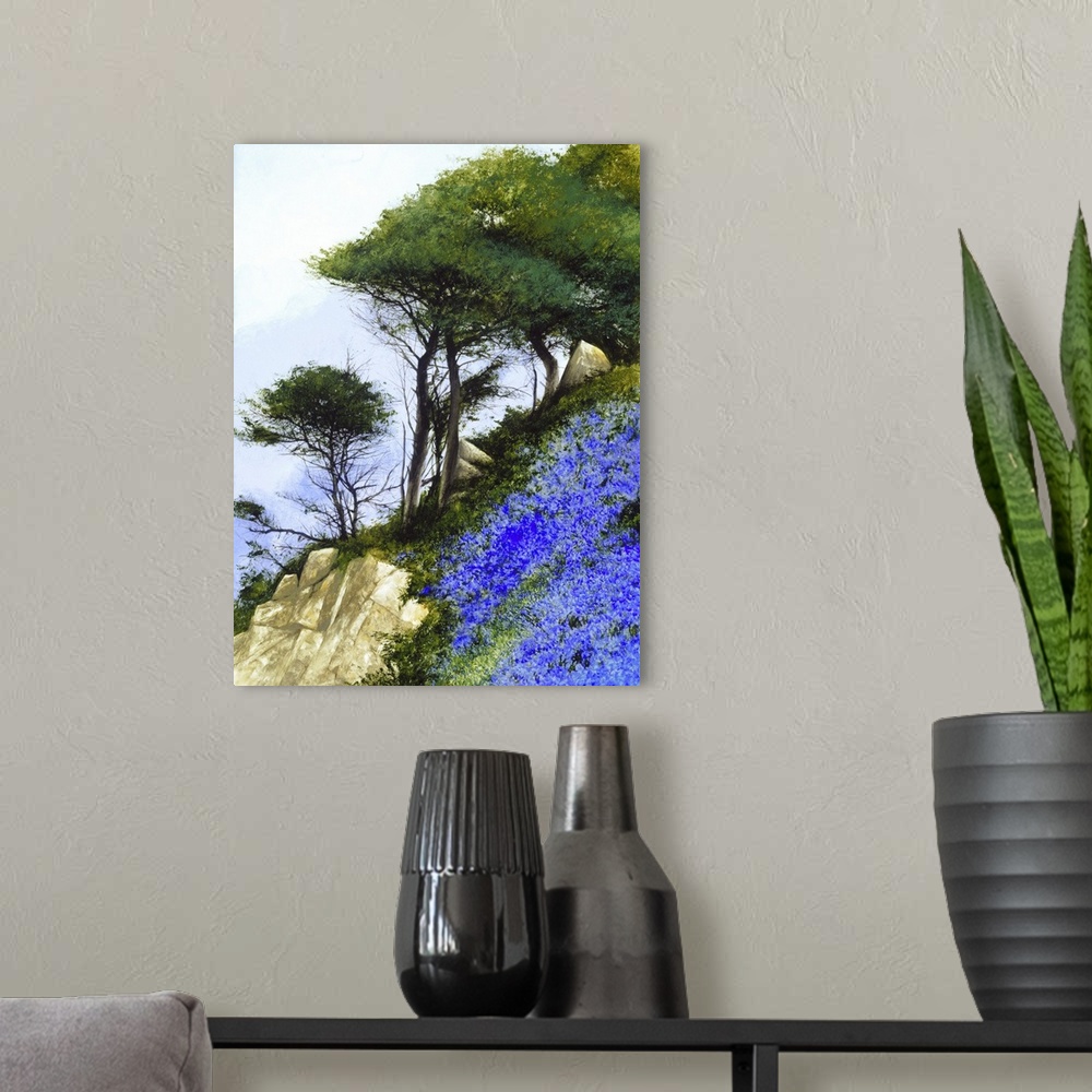 A modern room featuring Contemporary painting of a lush, steep, rocky, hill with blue wildflowers.