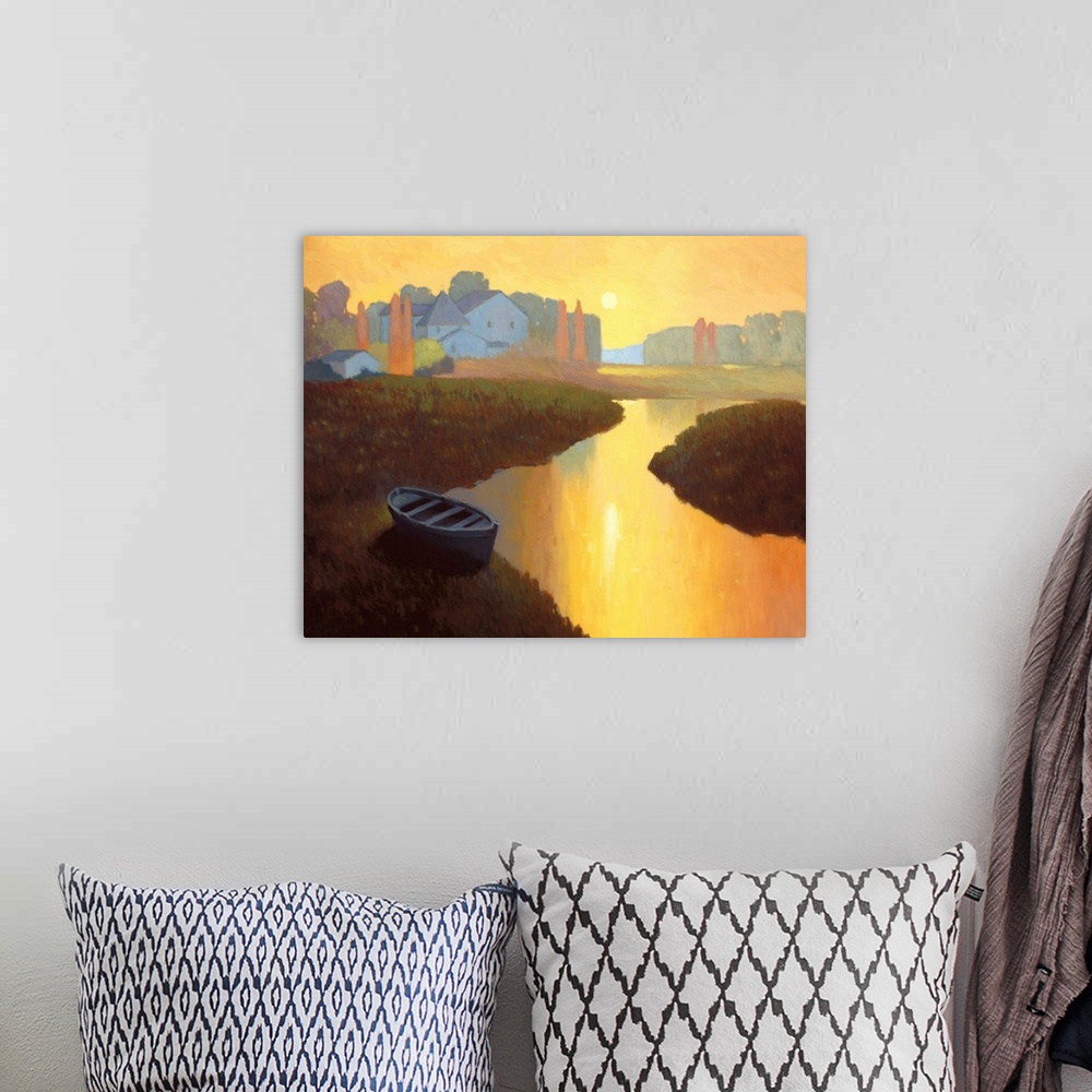 A bohemian room featuring Contemporary painting of a boat on the shore of a river in orange dawn light.