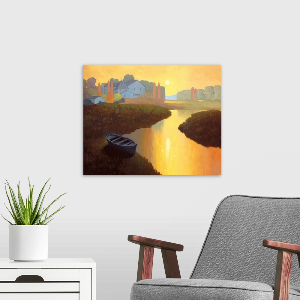 A modern room featuring Contemporary painting of a boat on the shore of a river in orange dawn light.