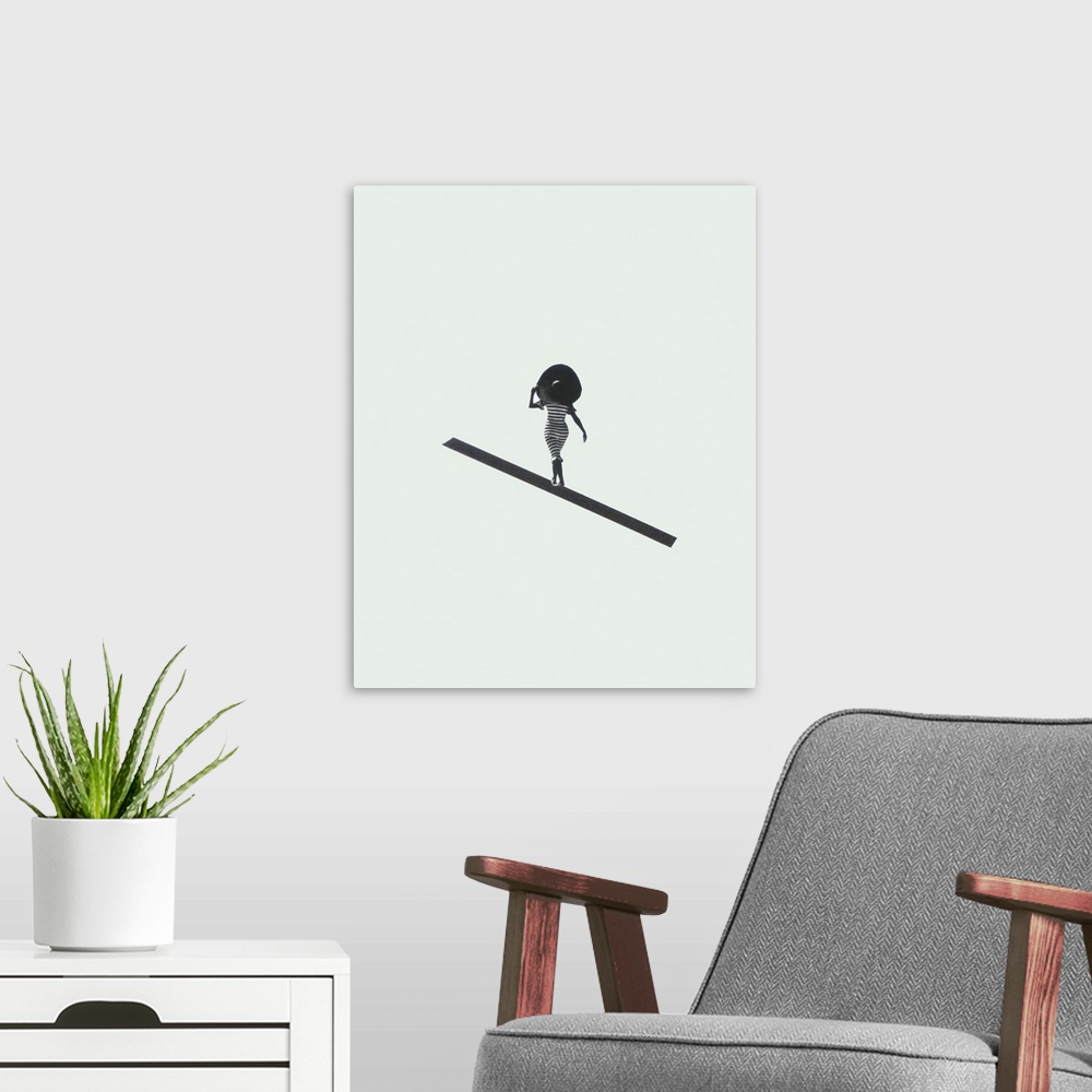 A modern room featuring Conceptual abstract art of a woman wearing a large sun hat walking down a diagonal line.