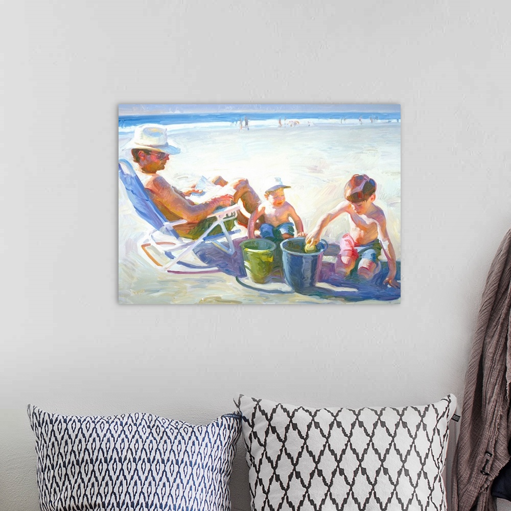 A bohemian room featuring A contemporary painting of a family at the beach, with children playing in the sand.