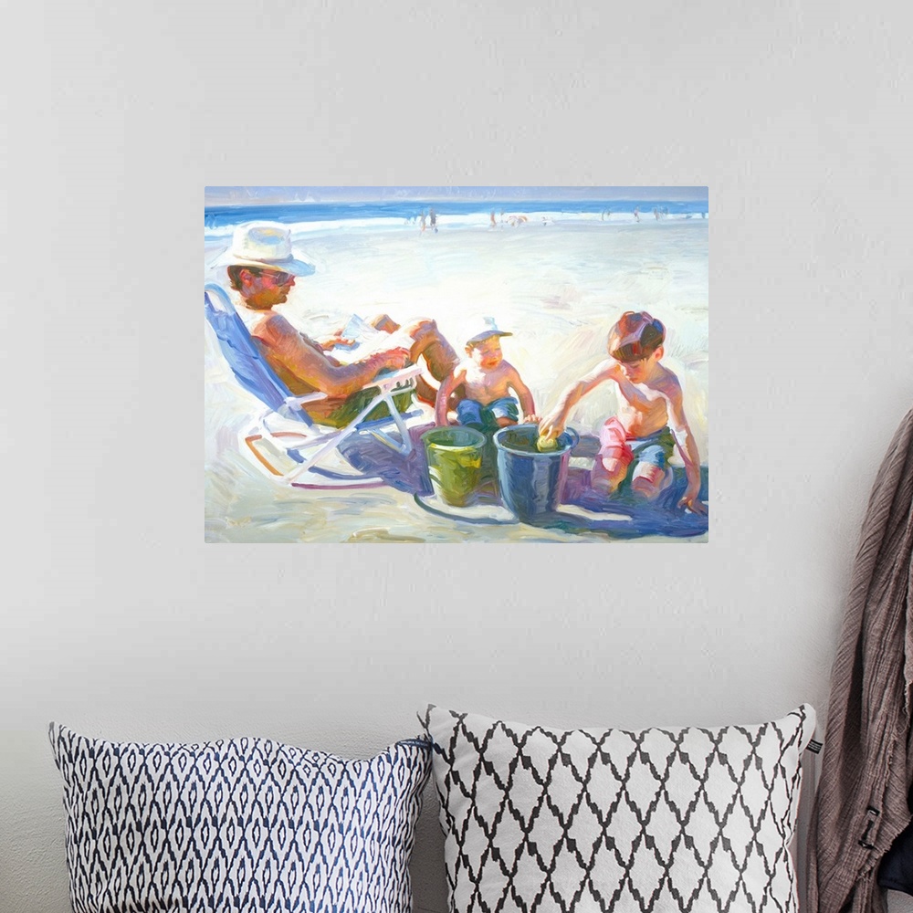 A bohemian room featuring A contemporary painting of a family at the beach, with children playing in the sand.