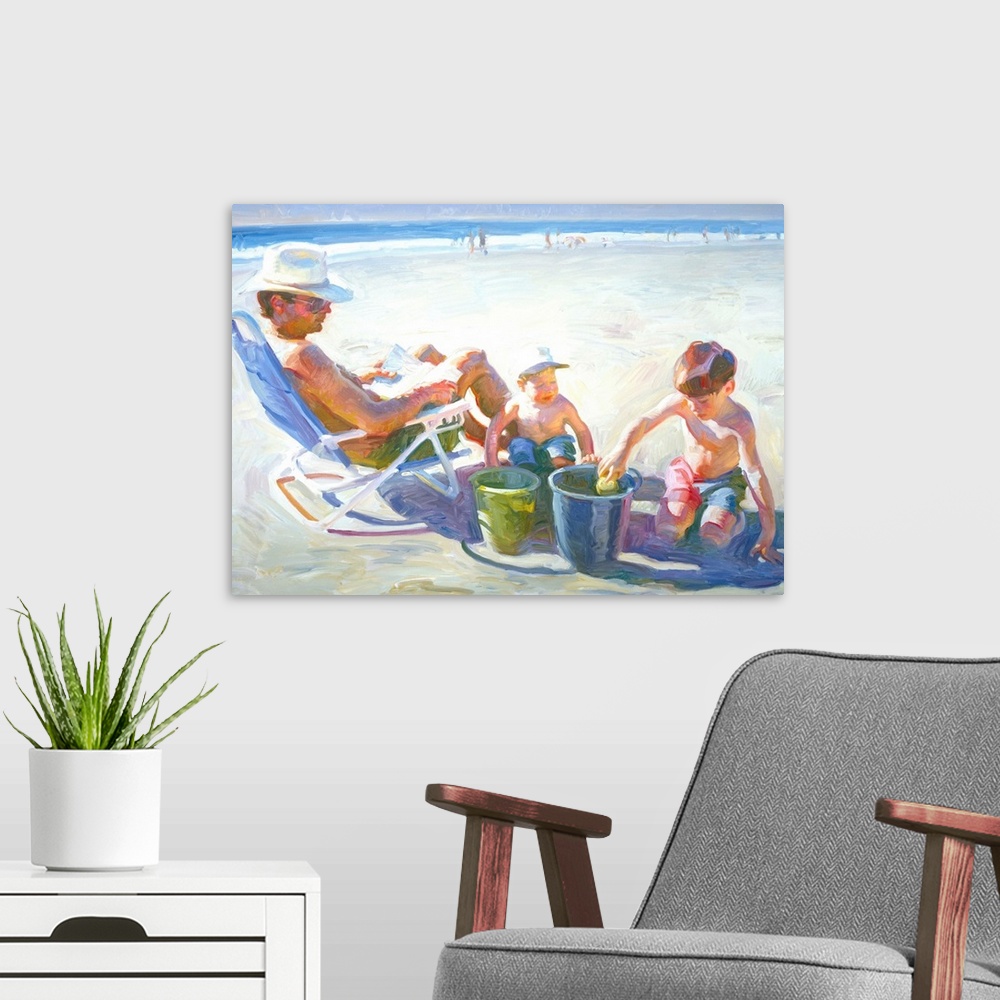 A modern room featuring A contemporary painting of a family at the beach, with children playing in the sand.