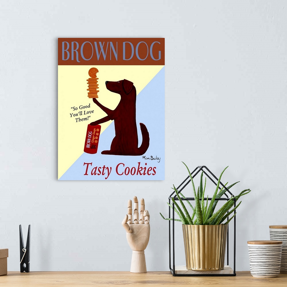 A bohemian room featuring Portrait artwork on a large wall hanging of an advertisement for Brown Dog Tasty Cookies.  A brow...