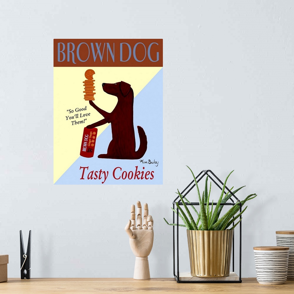 A bohemian room featuring Portrait artwork on a large wall hanging of an advertisement for Brown Dog Tasty Cookies.  A brow...