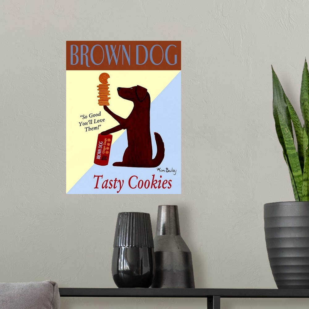 A modern room featuring Portrait artwork on a large wall hanging of an advertisement for Brown Dog Tasty Cookies.  A brow...