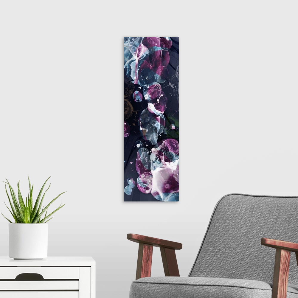 A modern room featuring A contemporary abstract painting of bubble clusters in dark colors and swirling textures.