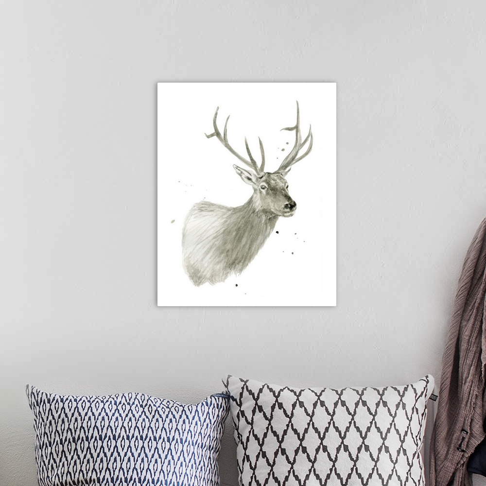A bohemian room featuring Watercolor painting of a deer on a solid white background with a little bit of paint splatter.