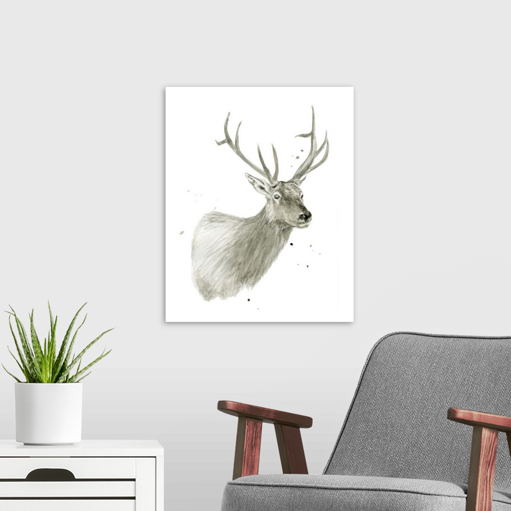 A modern room featuring Watercolor painting of a deer on a solid white background with a little bit of paint splatter.