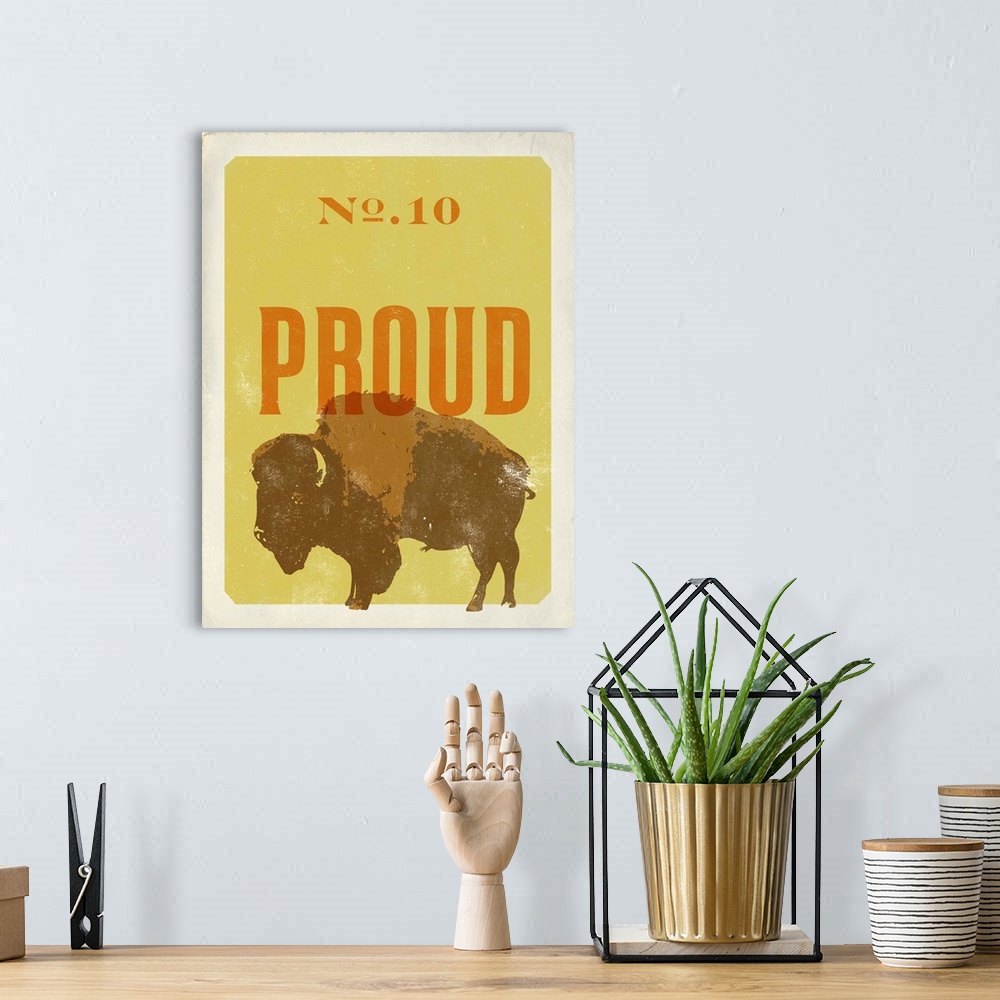 A bohemian room featuring Retro mid-century stylized poster art of a bison against a yellow background.