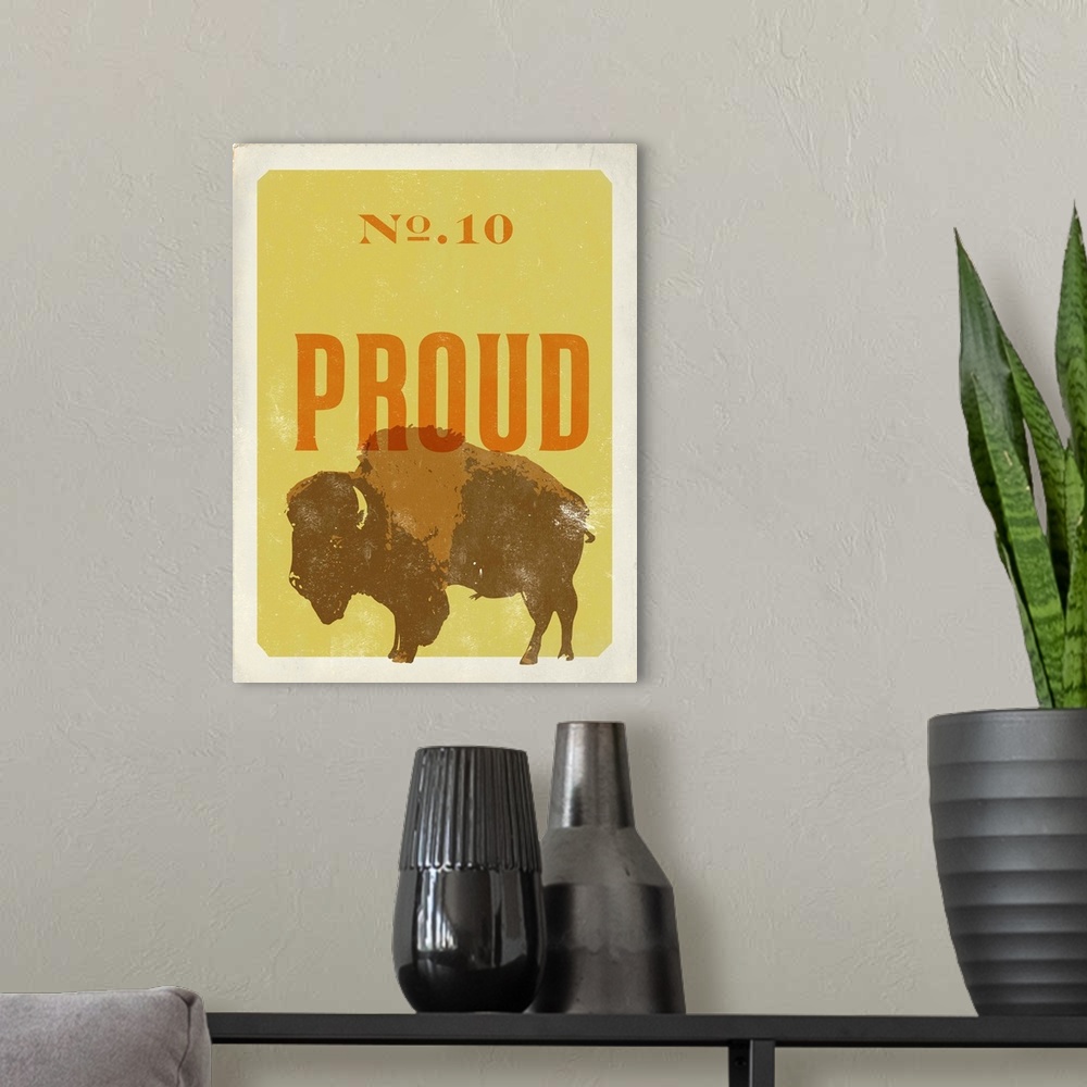 A modern room featuring Retro mid-century stylized poster art of a bison against a yellow background.