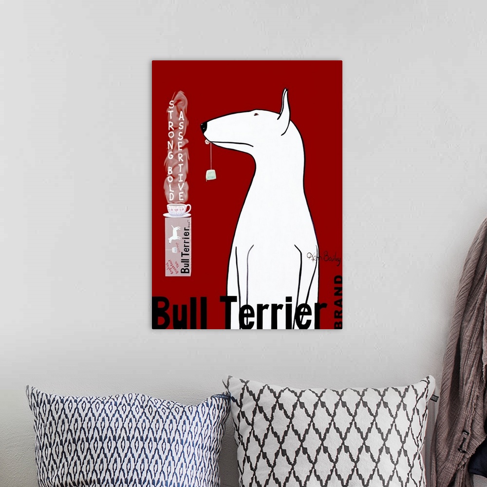 A bohemian room featuring Wall art of a bull terrier holding a tea bag in his mouth looking at a tea cup full of steaming w...