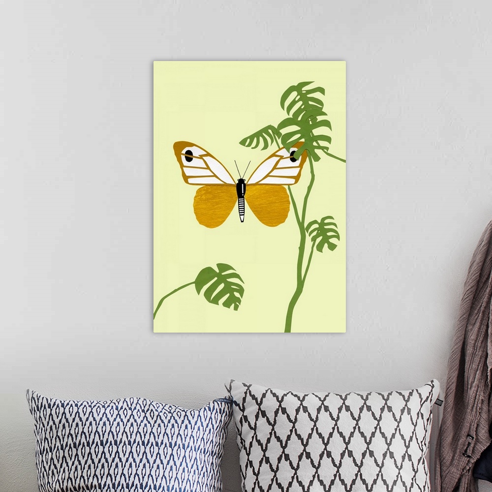A bohemian room featuring Contemporary art of a butterfly flying amongst tropical leaves, created with mixed media.