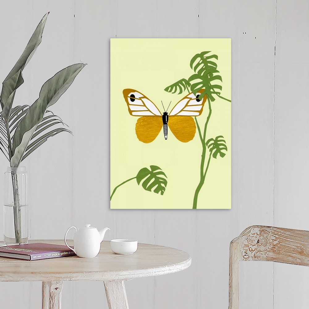 A farmhouse room featuring Contemporary art of a butterfly flying amongst tropical leaves, created with mixed media.
