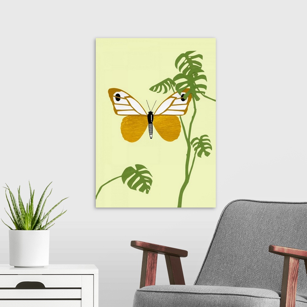 A modern room featuring Contemporary art of a butterfly flying amongst tropical leaves, created with mixed media.