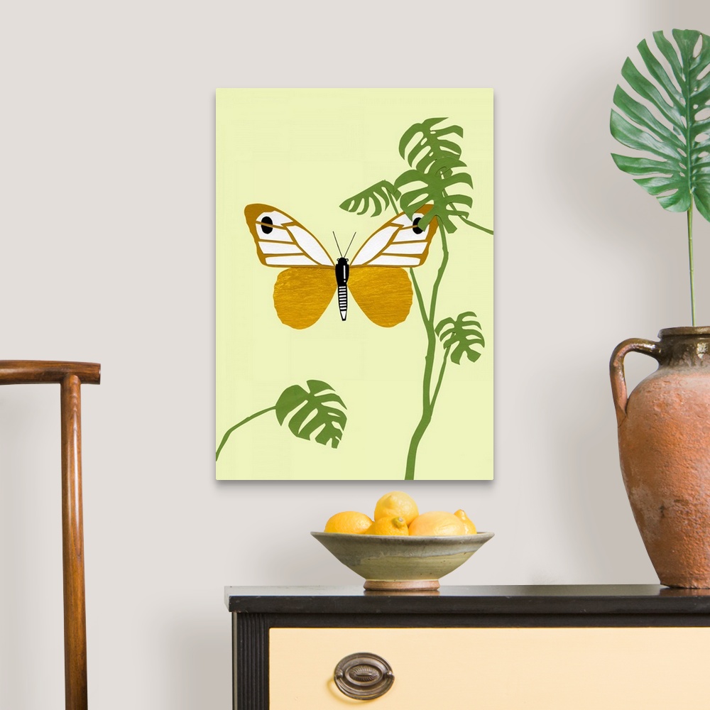 A traditional room featuring Contemporary art of a butterfly flying amongst tropical leaves, created with mixed media.