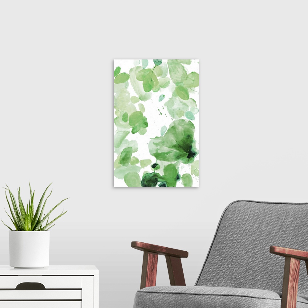 A modern room featuring Watercolor painting of in shades of green on white.