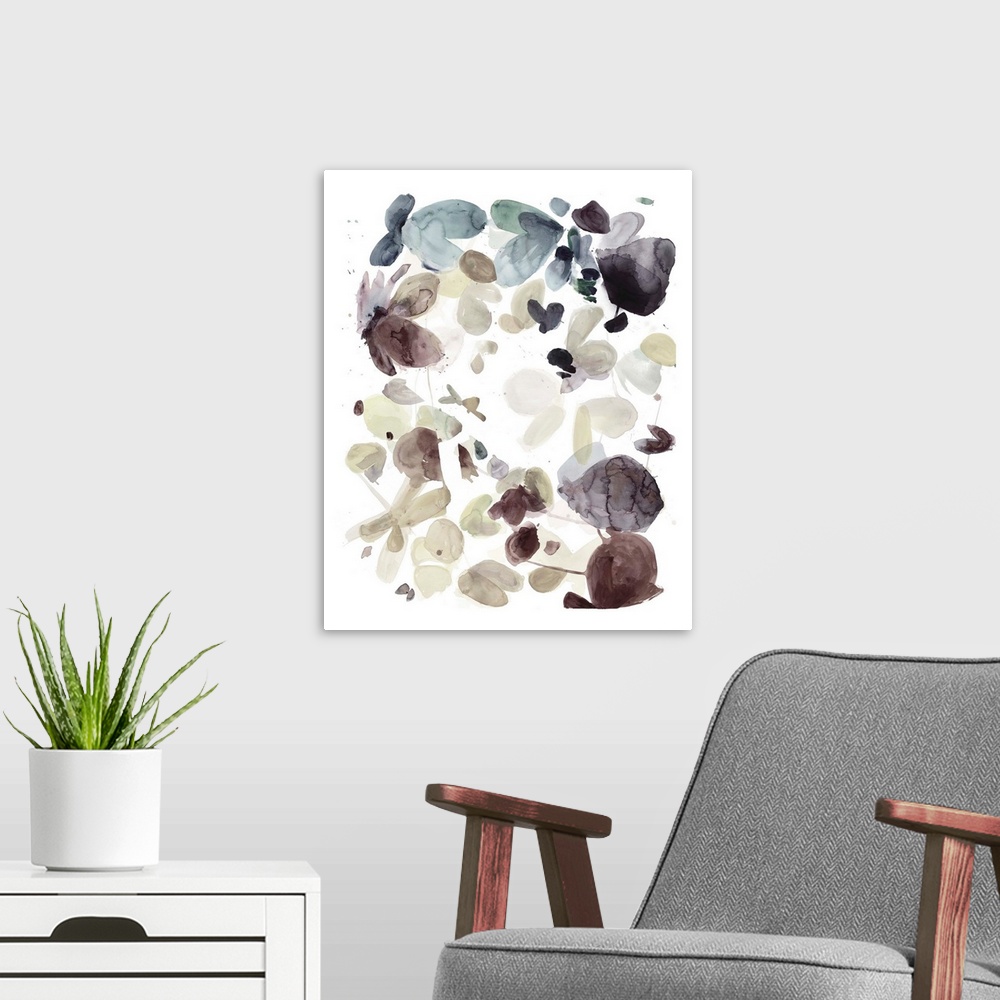 A modern room featuring Contemporary abstract painting of organic shapes in muted textural colors against a white backgro...