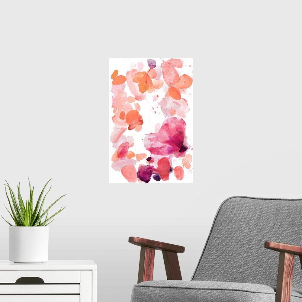 A modern room featuring A contemporary watercolor abstract painting using vibrant shades of pink.