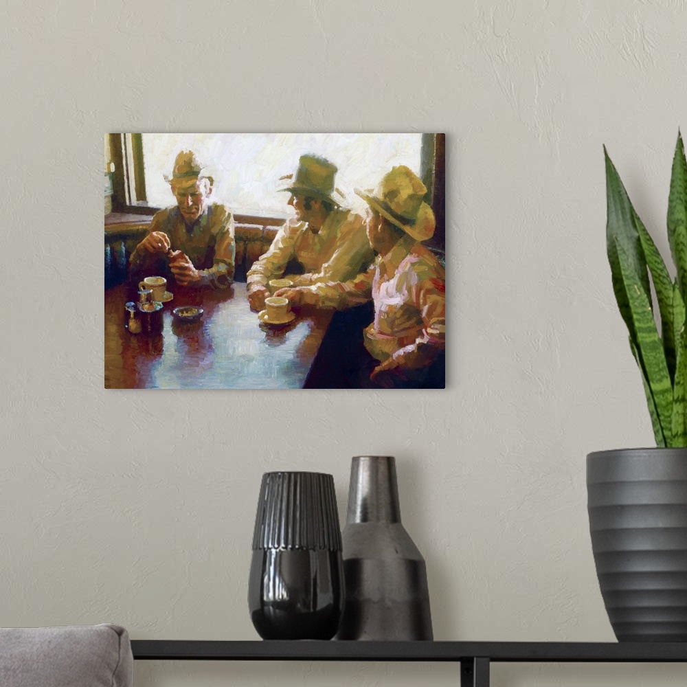 A modern room featuring A contemporary painting of three cowboys sitting at a table in a diner.