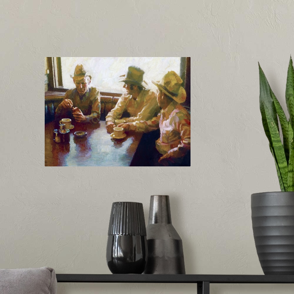 A modern room featuring A contemporary painting of three cowboys sitting at a table in a diner.
