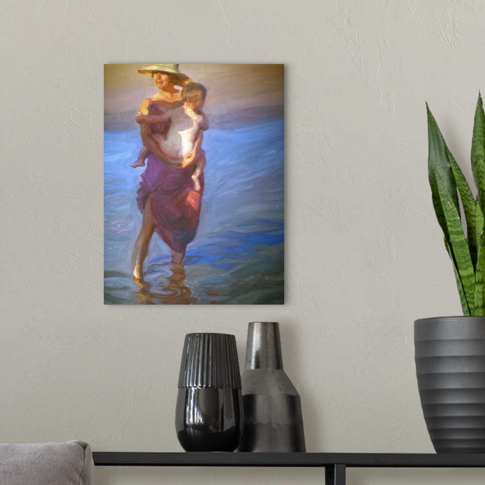 A modern room featuring A contemporary painting of a woman wearing a sun hat and holding a small child on the beach.