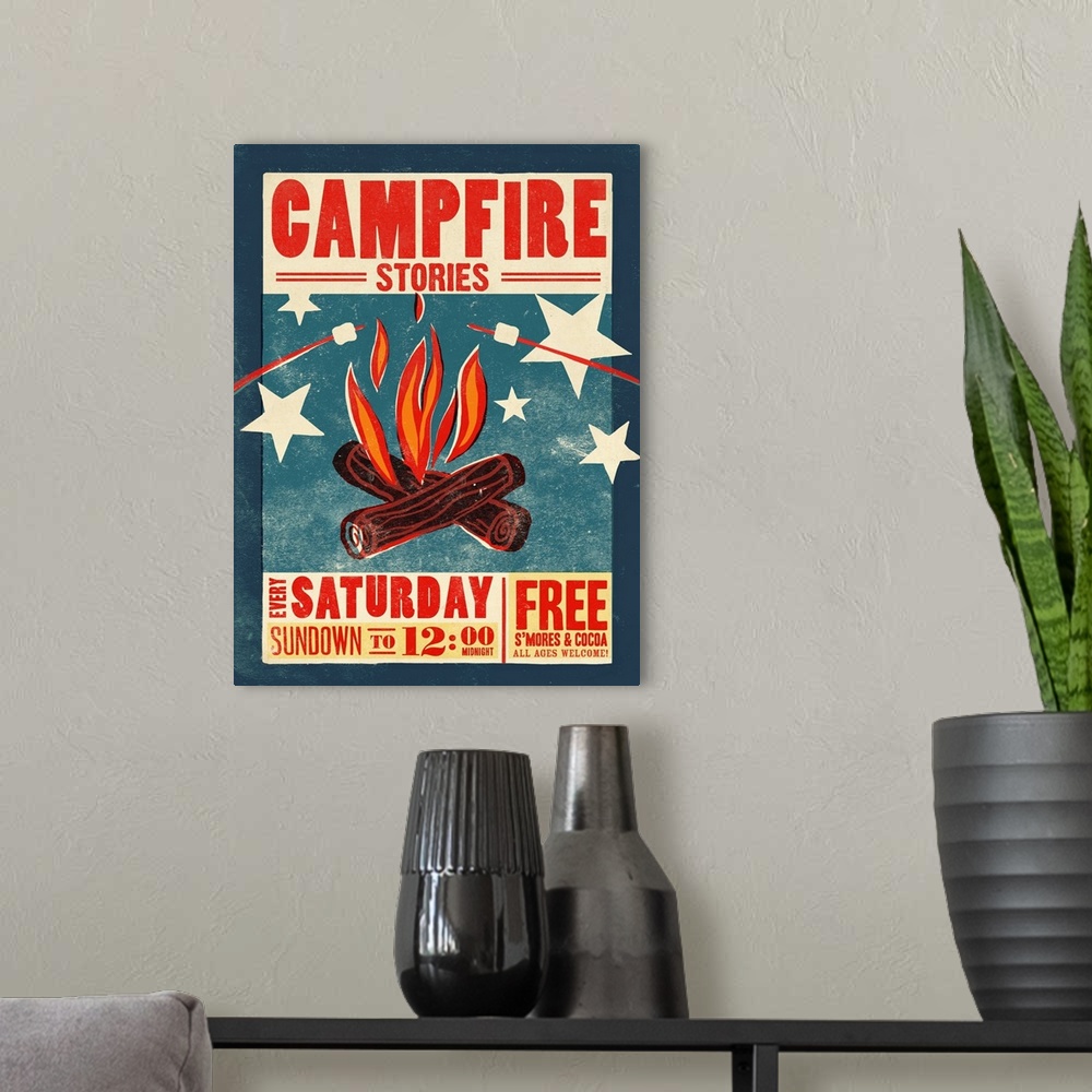 A modern room featuring Retro mid-century stylized travel poster artwork.