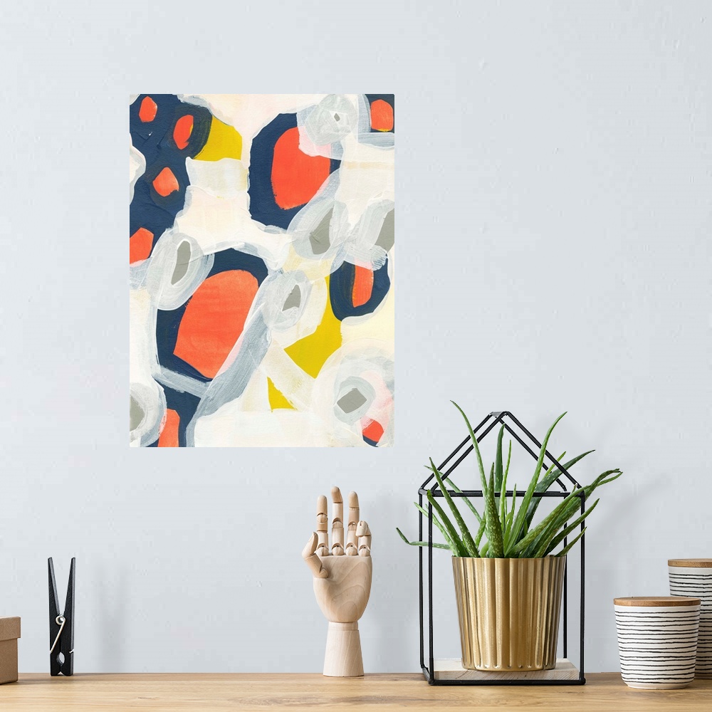 A bohemian room featuring Contemporary abstract painting using colorful shapes and contrasting paint strokes of white.