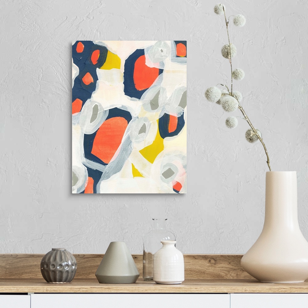A farmhouse room featuring Contemporary abstract painting using colorful shapes and contrasting paint strokes of white.