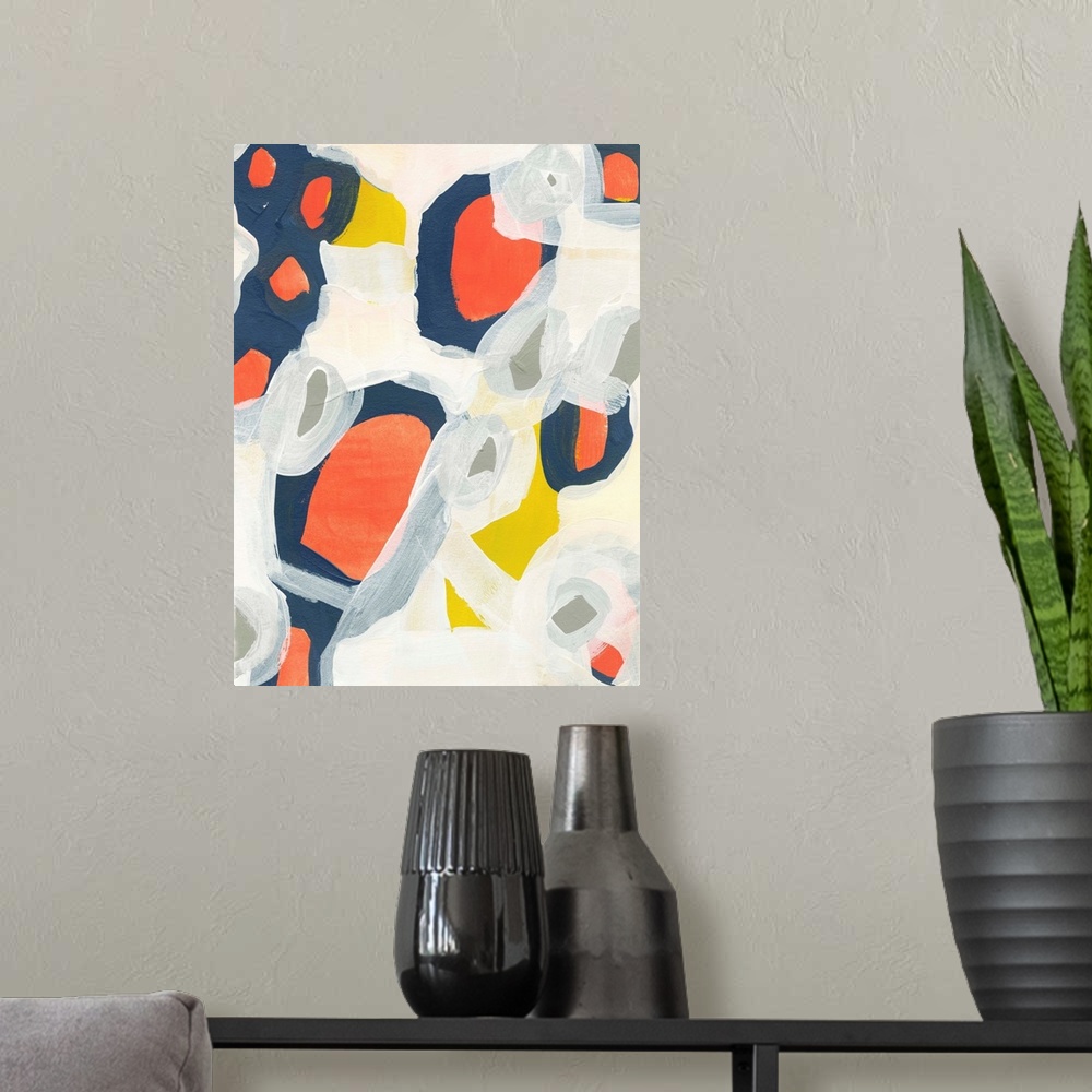 A modern room featuring Contemporary abstract painting using colorful shapes and contrasting paint strokes of white.