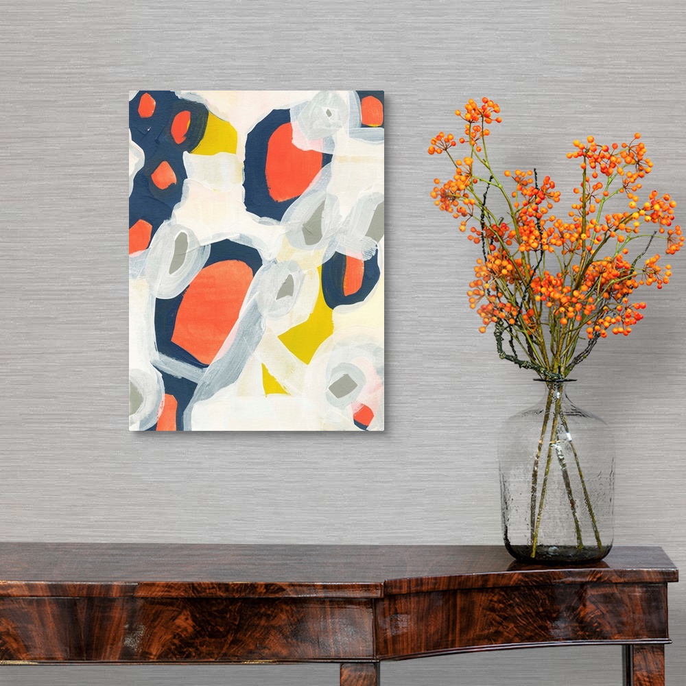 A traditional room featuring Contemporary abstract painting using colorful shapes and contrasting paint strokes of white.