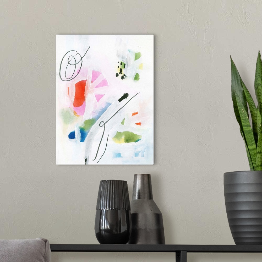 A modern room featuring Contemporary abstract painting using colorful shapes and contrasting paint strokes of white.