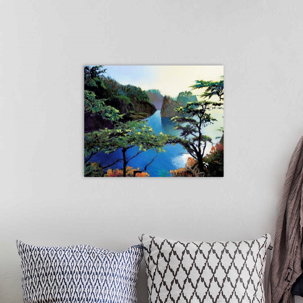 A bohemian room featuring Contemporary painting of a rocky coast seen through the trees.