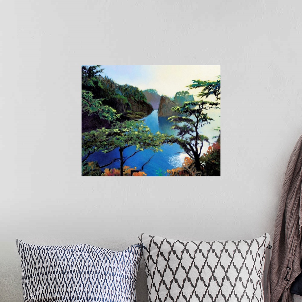 A bohemian room featuring Contemporary painting of a rocky coast seen through the trees.