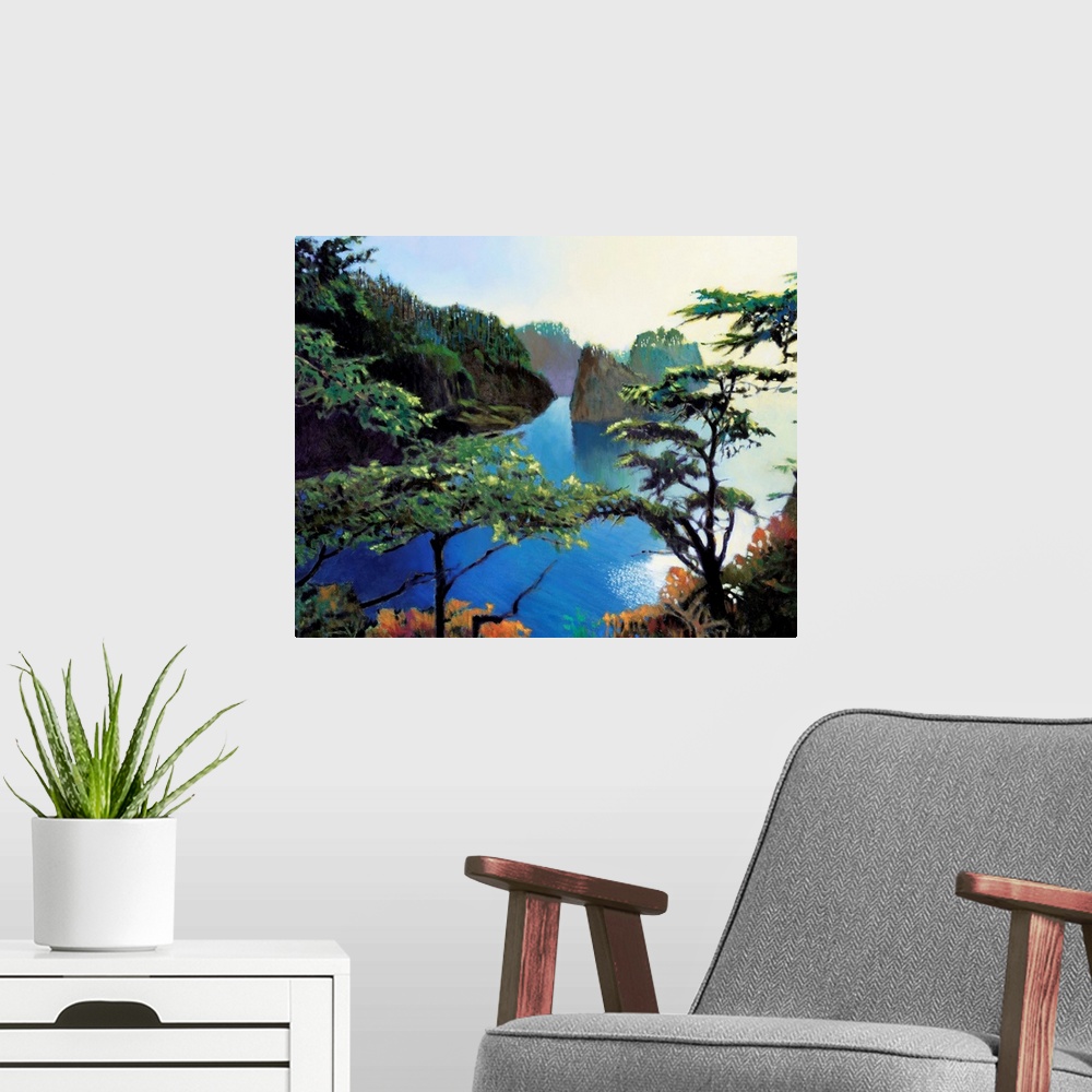 A modern room featuring Contemporary painting of a rocky coast seen through the trees.