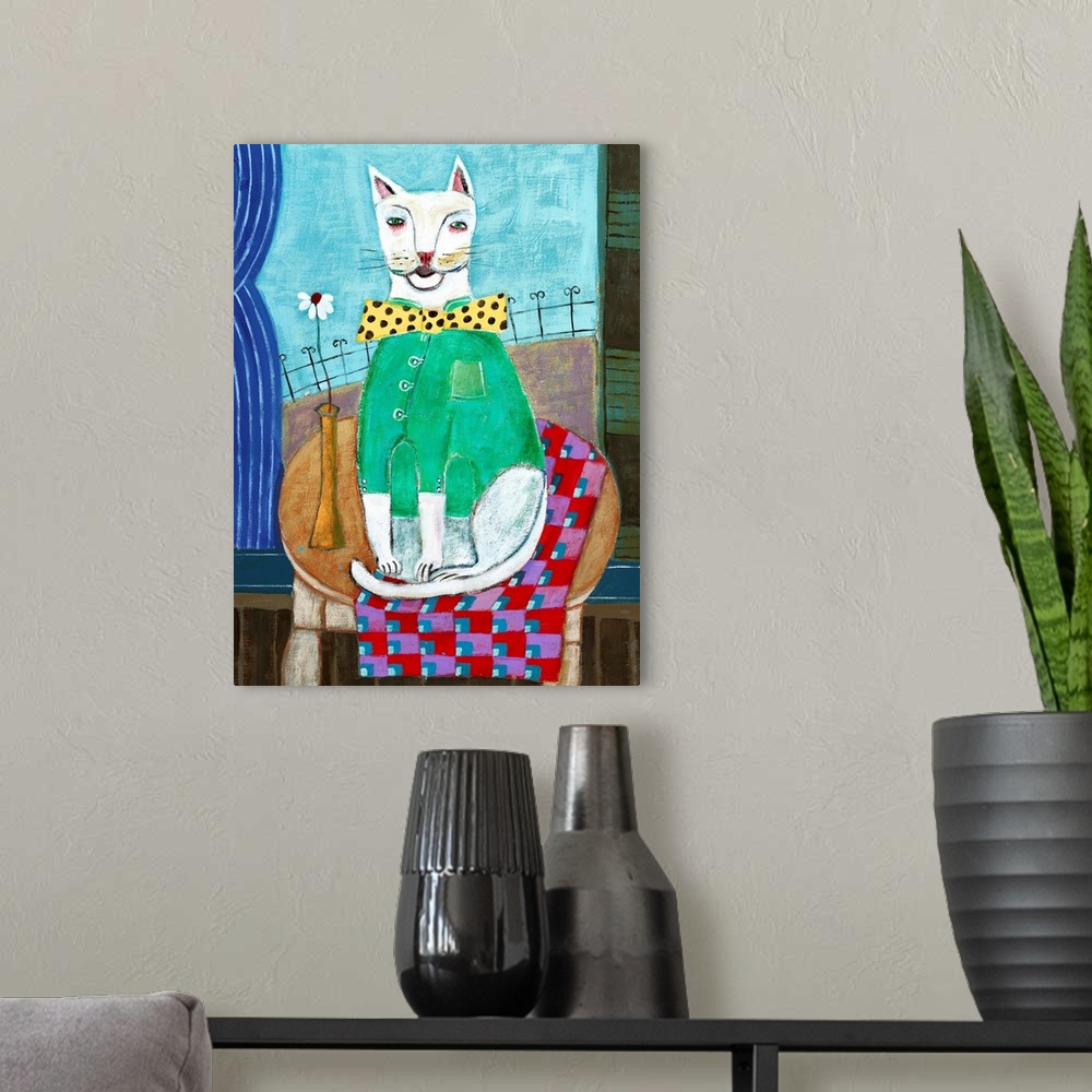 A modern room featuring Cat with Green Shirt