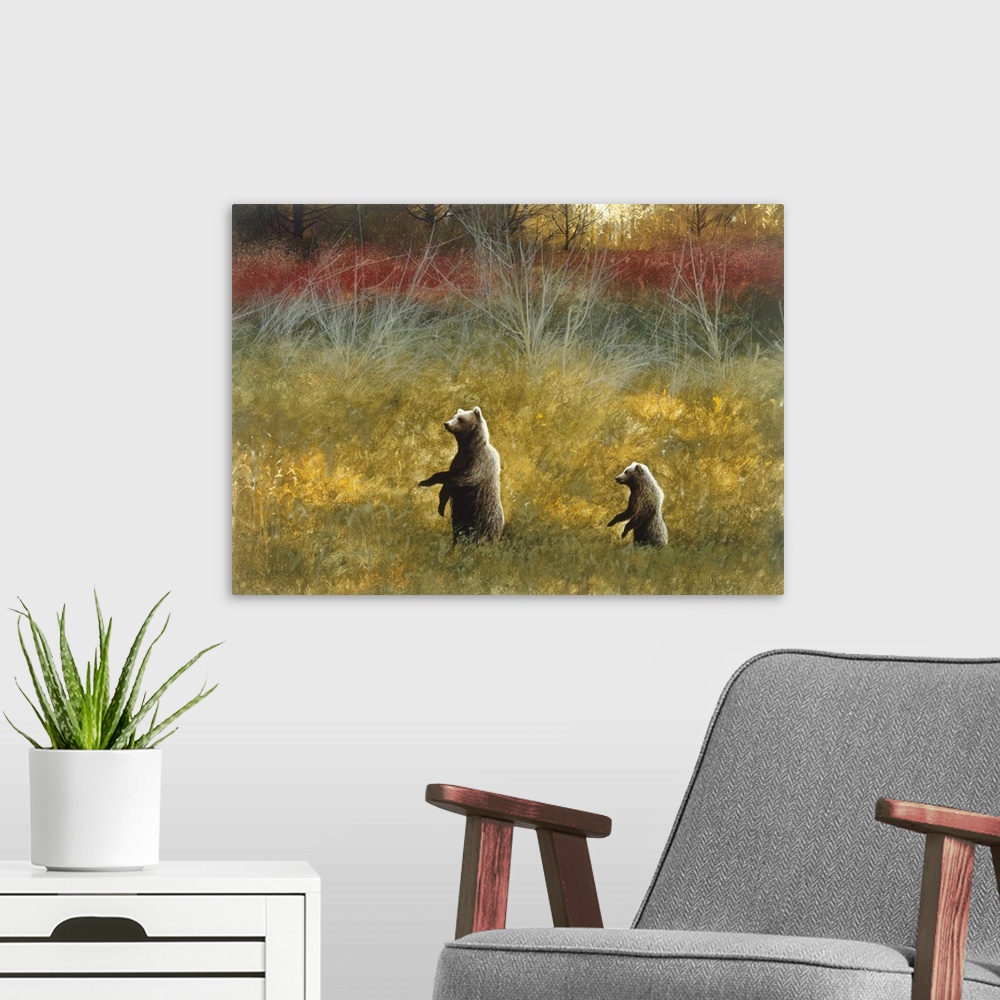 A modern room featuring Contemporary painting of a brown bear and bear cub walking on two legs through an Autumn field.