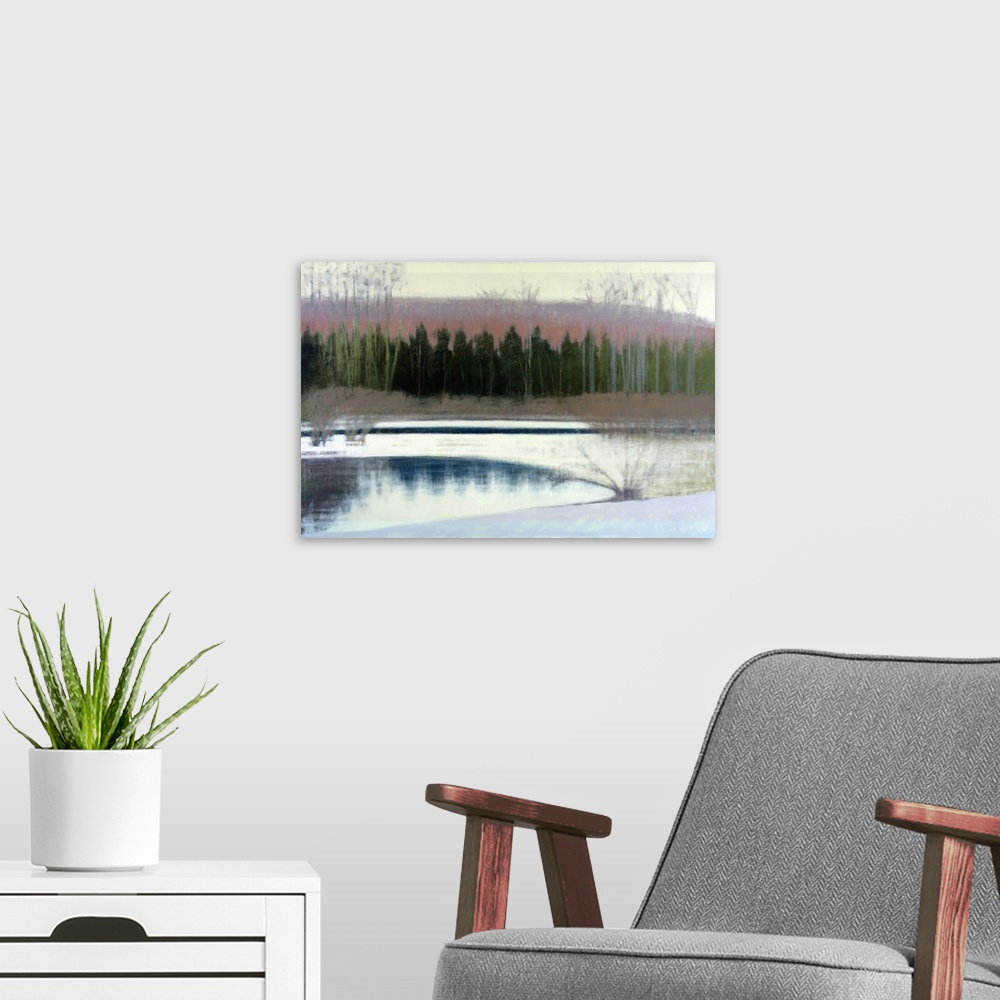 A modern room featuring Trees along the edge of a frozen lake.