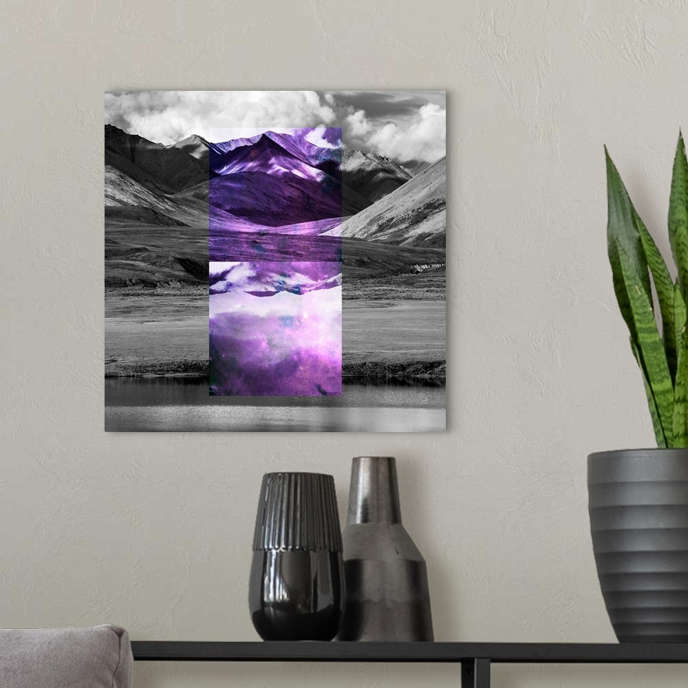 A modern room featuring Black and white landscape with a rectangle of violet color in the center.
