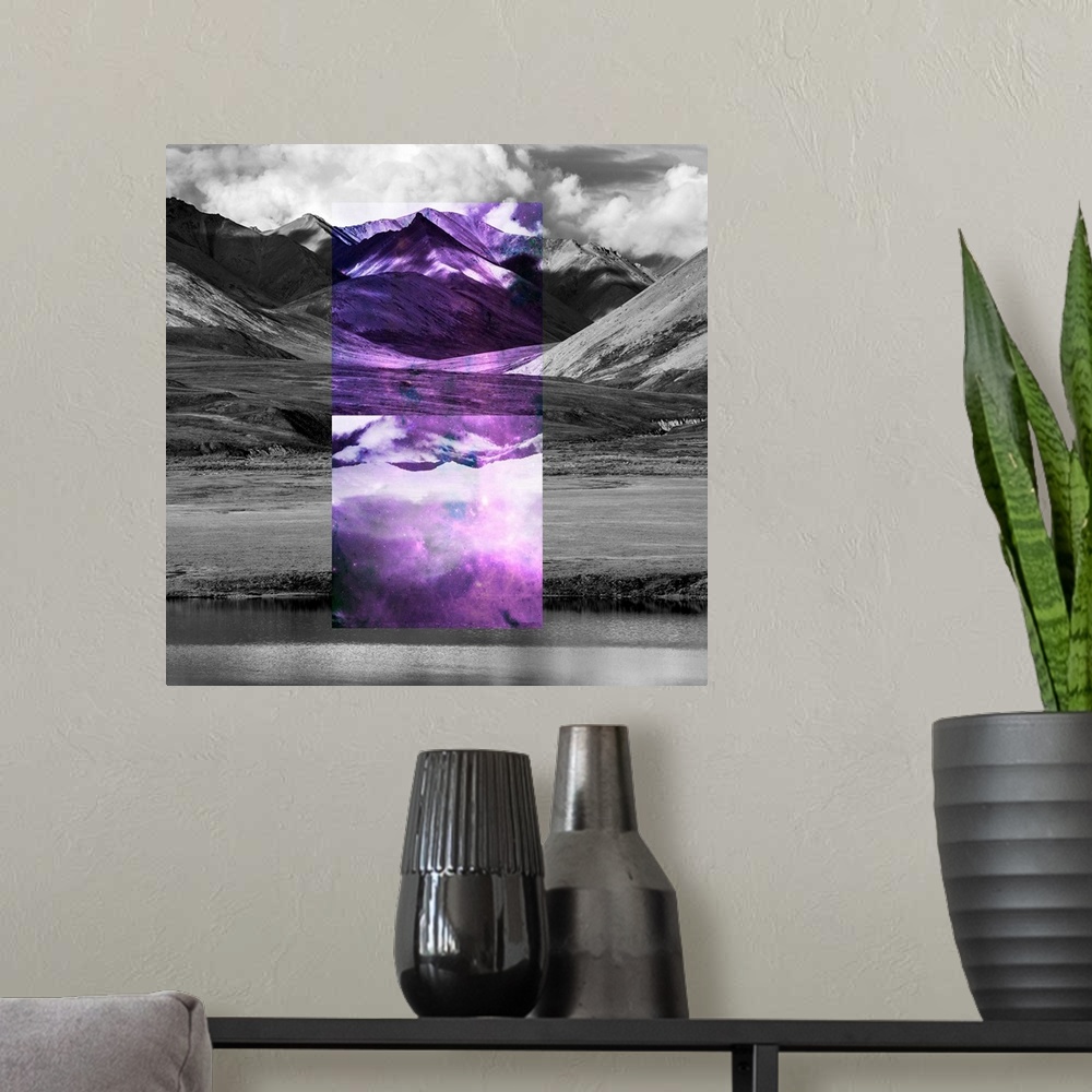 A modern room featuring Black and white landscape with a rectangle of violet color in the center.