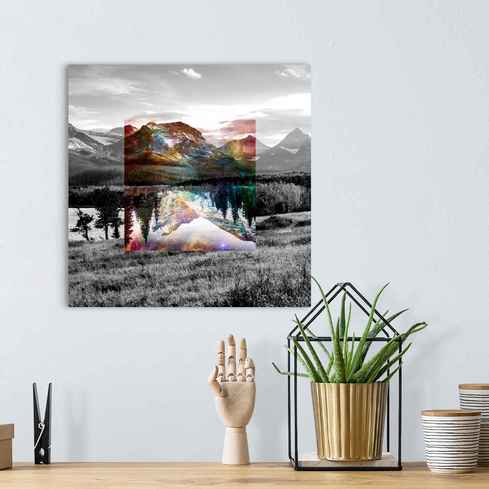 A bohemian room featuring Black and white landscape with a square of rainbow color in the center.