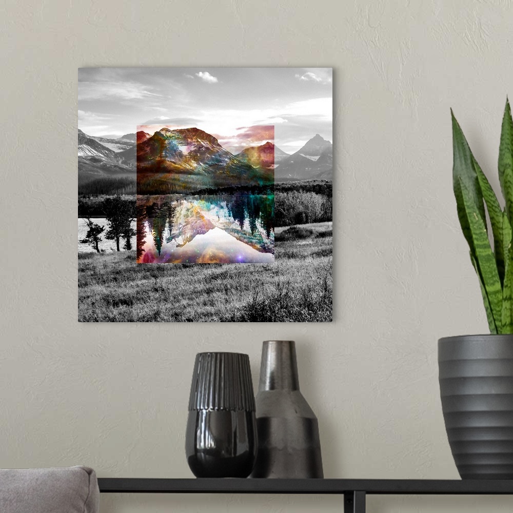 A modern room featuring Black and white landscape with a square of rainbow color in the center.