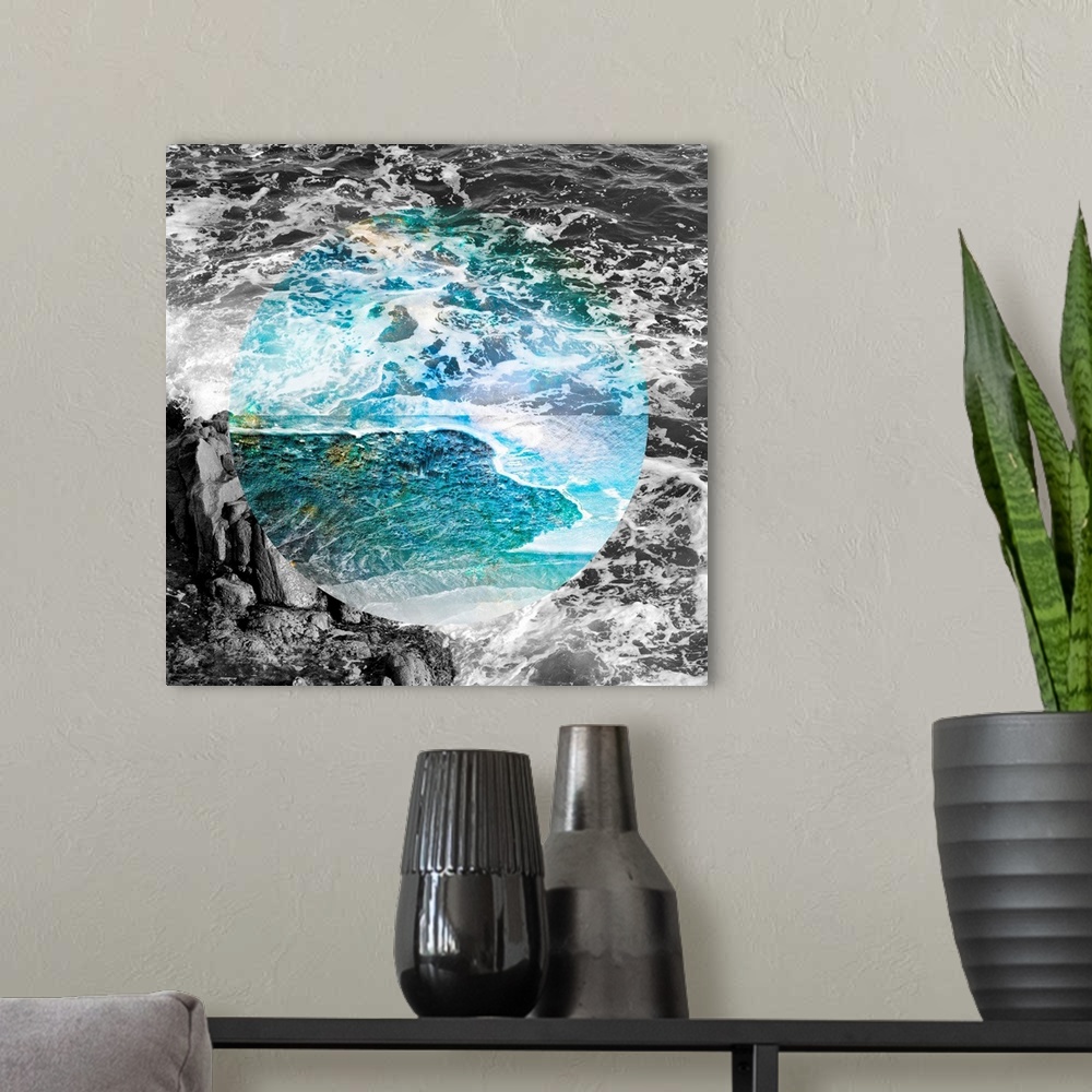 A modern room featuring Black and white ocean waves with a circle of turquoise color in the center.