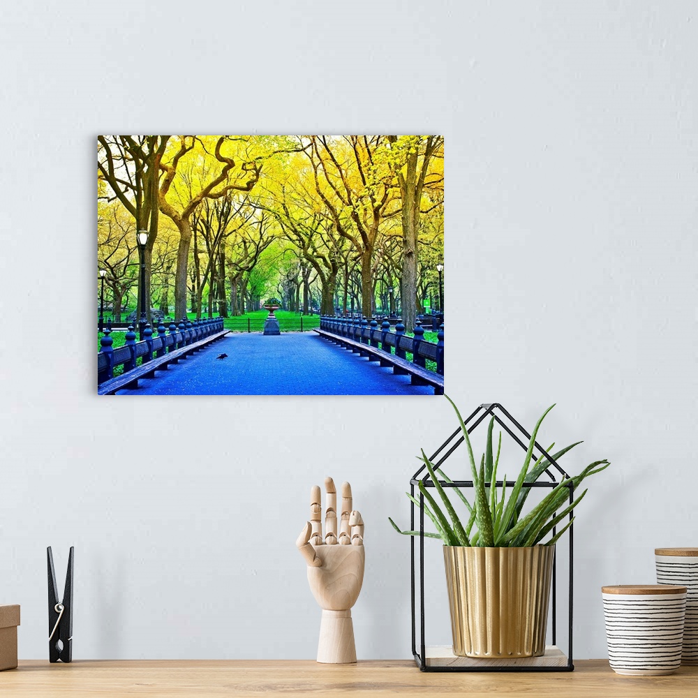 A bohemian room featuring Vividly colored photograph of a bridge surrounded by trees in Central Park.