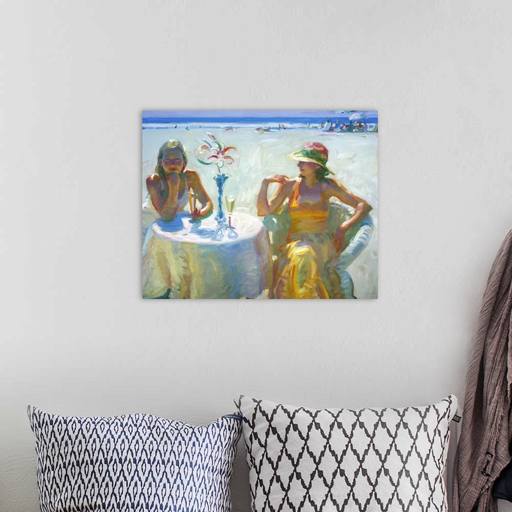 A bohemian room featuring A contemporary painting of two women sitting at a dining table with champagne on the beach.
