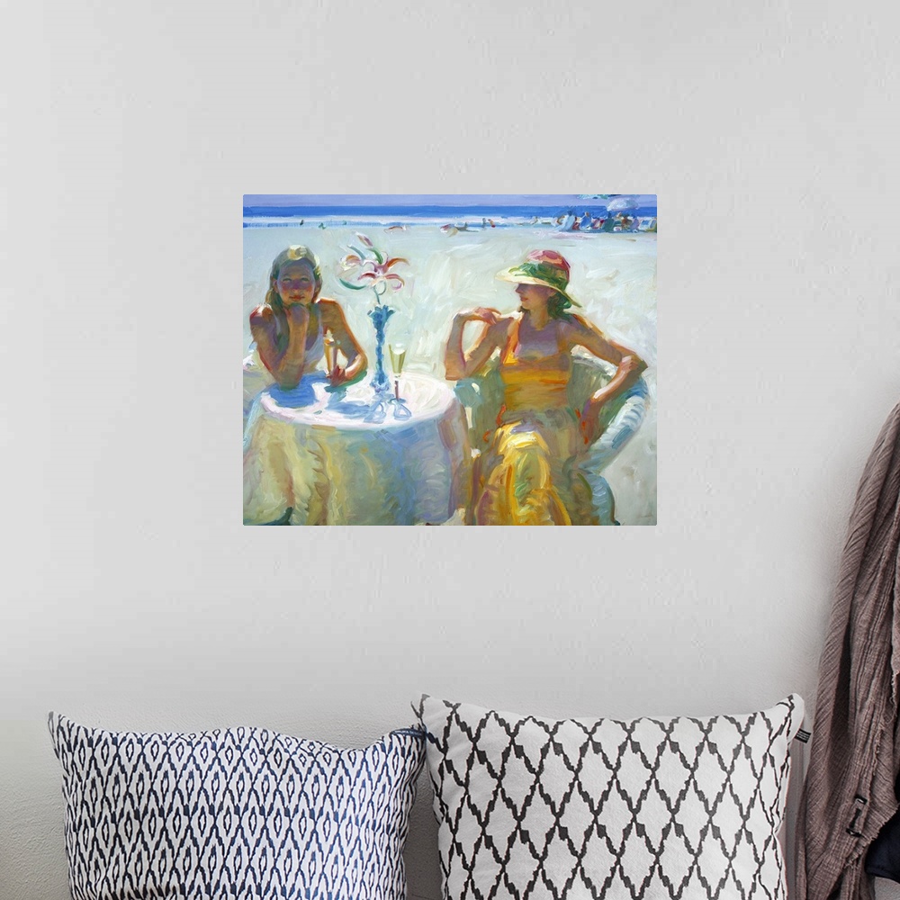 A bohemian room featuring A contemporary painting of two women sitting at a dining table with champagne on the beach.