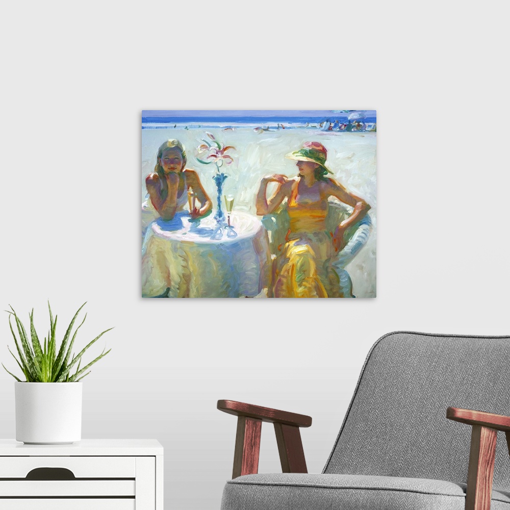 A modern room featuring A contemporary painting of two women sitting at a dining table with champagne on the beach.